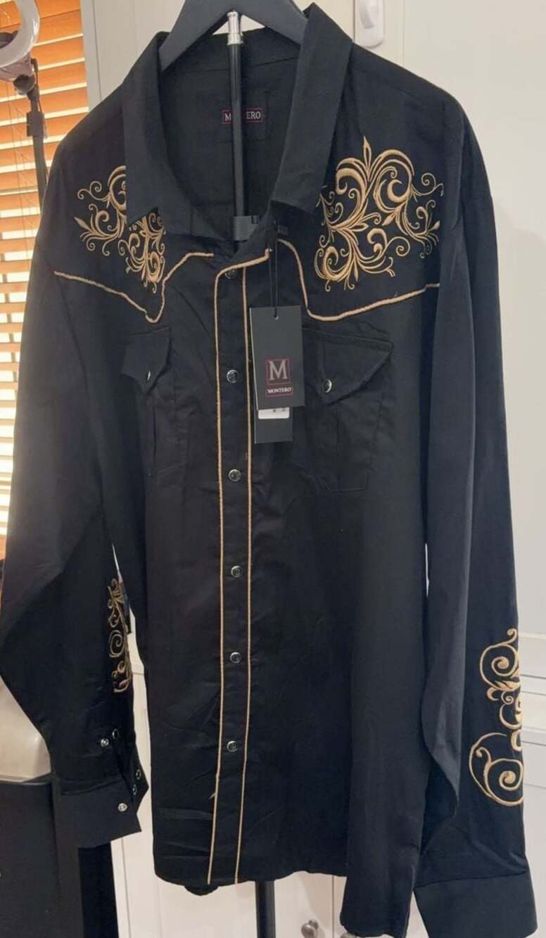 Montero Western Shirt Black Gold Embroidery Size 4XL Long Sleeve